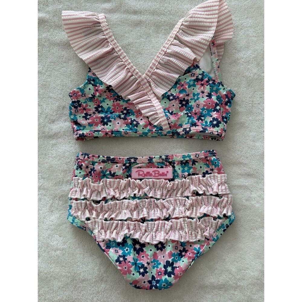 Ruffle Butts Girls Swimsuit 2 Pieces Floral Bikini Size 3T Seersucker
